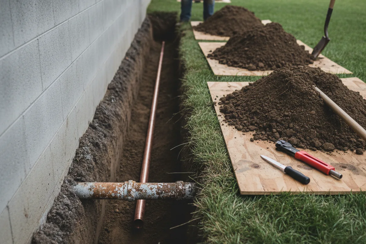 Excavated water line trench during Water Heater Repair in Ocate